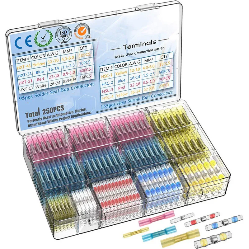 

250PCS Heat Shrink Connectors Waterproof Solder Wire Connectors & Heat Shrink Butt Crimp Connectors - Electrical Connectors