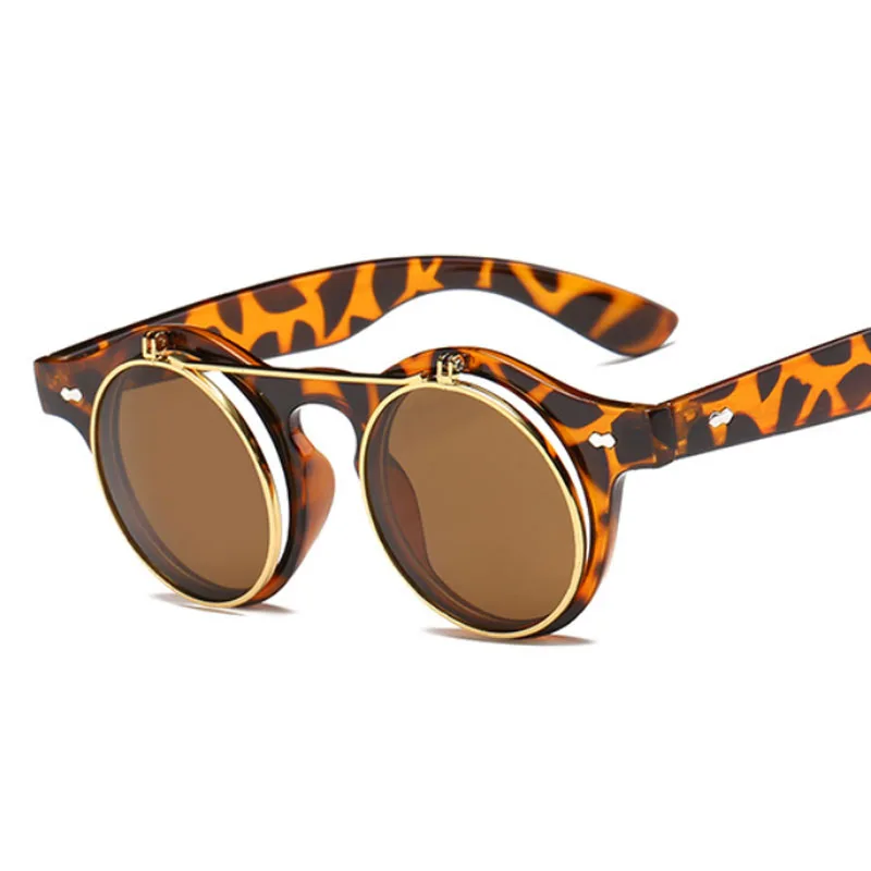 5-Leopard-Tea MuseLife Модные Винтажные круглые стимпанк солнечные очки с Откидывающейся Крышкой классические двухслойные дизайнерские солнцезащитные очки с раскладушкой Oculos De Sol - Цвет линз: 5-Leopard-Tea