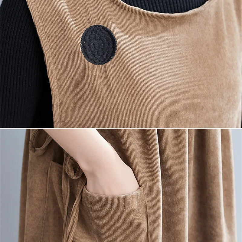 

Johnature 2021 Autumn Winter Wave Point Sleeveless Tank Women Dresses New Casual Korean O-neck Kiise Pockets Tie Dress
