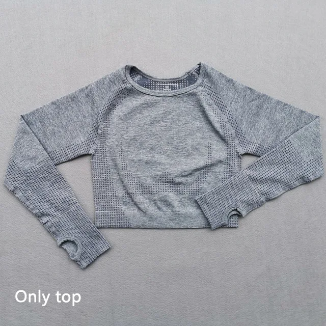 Blue gray Bras Бесшовный Женский комплект из 2 предметов для йоги, одежда для спортзала, леггинсы для фитнеса+ укороченные рубашки, спортивный костюм, женский спортивный костюм с длинным рукавом, одежда для активного отдыха - Цвет: Blue gray Bras