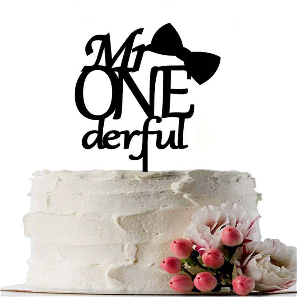 

Mr One Derful Acrylic Cake Topper Happy Birthday Party Glitter Gold Color Wooden Onederful Boy First Birthday Decoration
