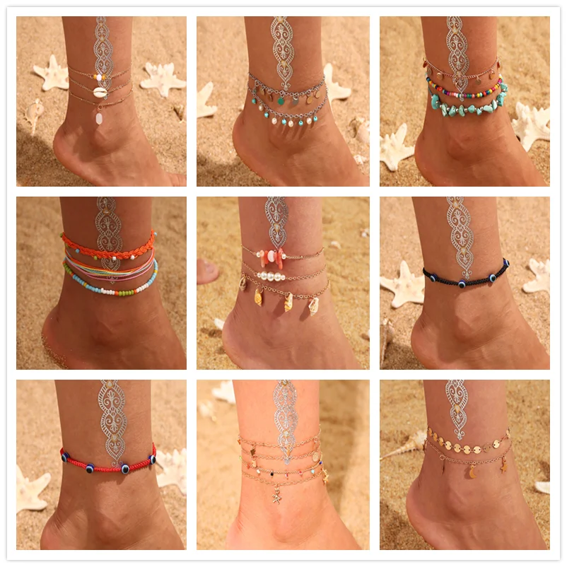 

Bohemian retro wax rope braided handmade string mixed color rice beads multilayer anklet for ladies jewelry accessories