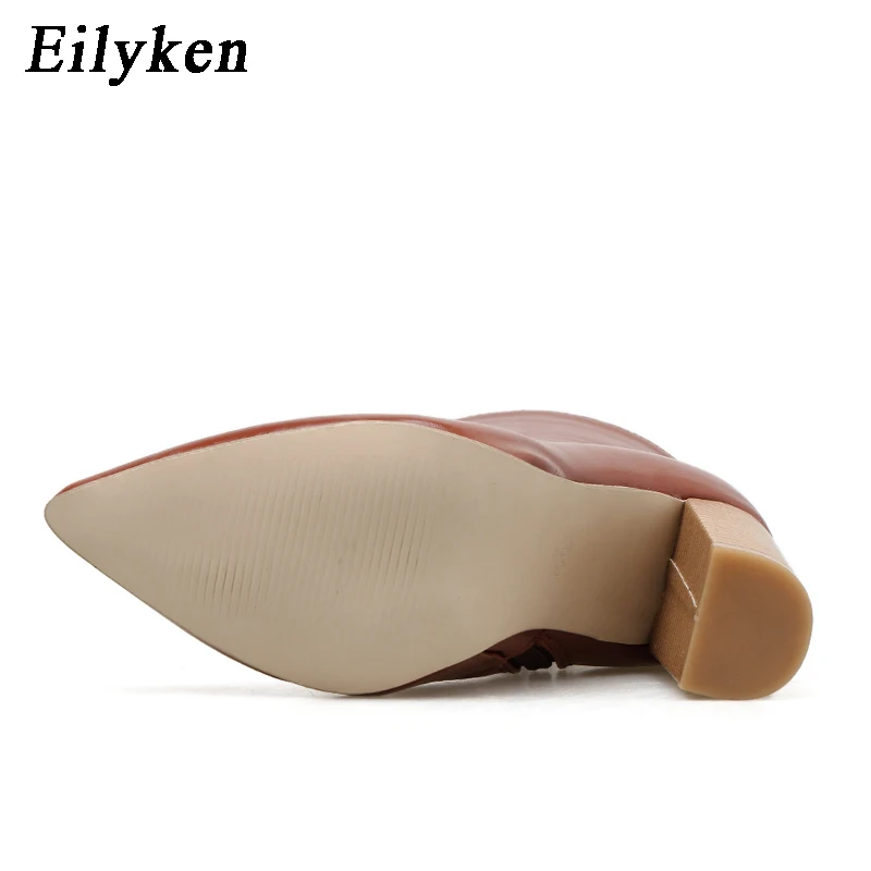 Eilyken/женские ботинки из искусственной кожи; зимние ботинки с острым носком на высоком каблуке; модные мотоботы на молнии; цвет коричневый; размеры 41, 42