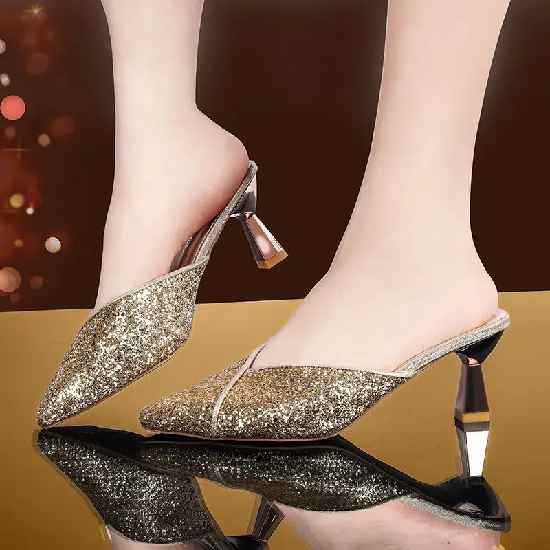 

Shoes Ladies' Slippers Women Heels Pantofle Cover Toe Big Size Luxury Slides High Thin 2021 Pointed Designer Pumps Bling PU Fash