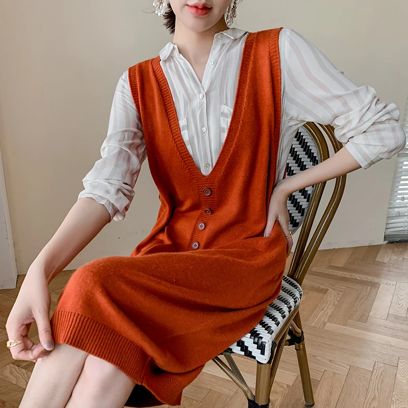 

2021 women winter Cashmere sweaters and autumn women knitted Pullovers High Quality Long Dresses Female V-neck