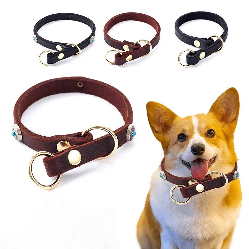 

Real Leather Cat Dog Slip Collar P Chain pet Collars Genuine Leather Training Collar adjustable For Small Medium Dogs