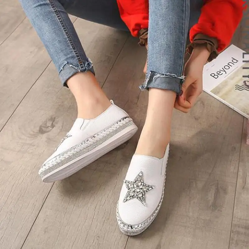 Плоский Женская обувь на платформе весенне осенние новые стразы плоской подошве