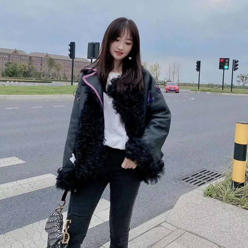 

Women Coat Winter Short Clothes Imported Tuscany Real Sheep Fur Genuine Leather Jacket Wear On Both Sides Thick Warm Fn00997