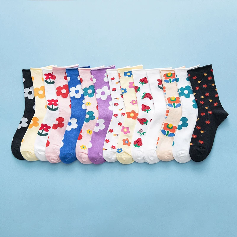 Цветок в Корейском стиле носки с изображением клубники женские милые длинные