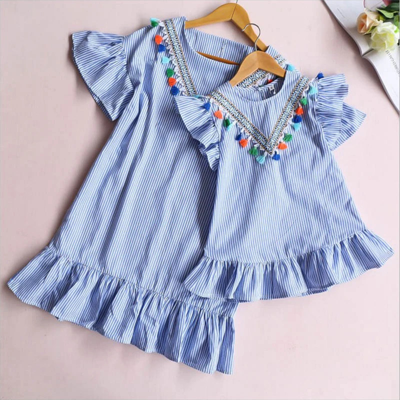 

Newborn Baby Girl Family Matching Clothes Mom And Daughter Dress Nine Quarter Stripe Tassel Mini Mother And Daughter Outfits