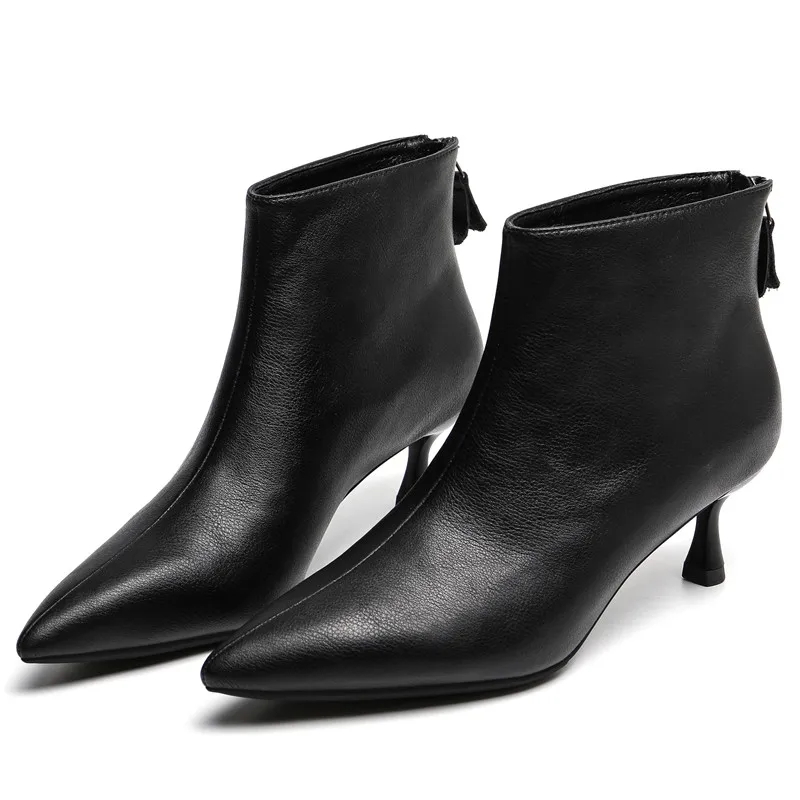 

Fashion Leather Women's Ankle Boots Autumn Winter Casual Short Plush Female High Heels New Handmade Zipper Black Ladies Shoes