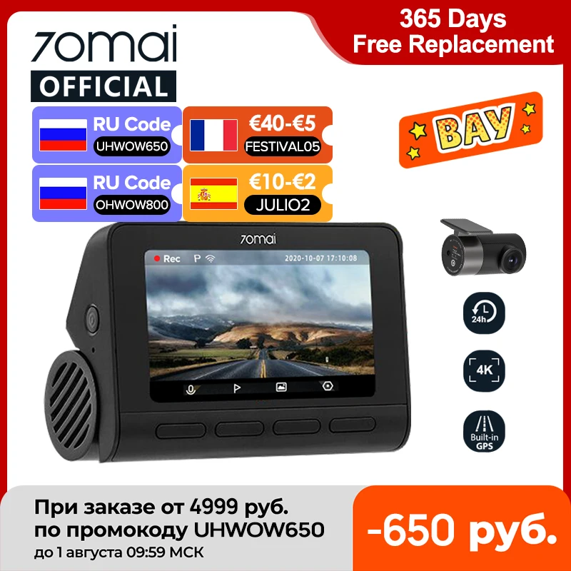  70mai Dash Cam 4K A800S двойной прицел 70mai A800S GPS ADAS спереди и сзади Видеорегистраторы для автомобилей 2160P 4K 24 часа в сутки парковка 140FOV 