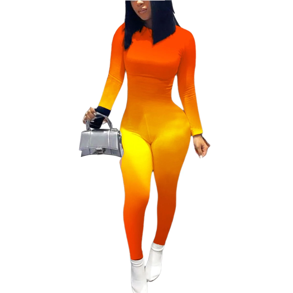 

Autumn Women Female Jumpsuit Round Neck Long Sleeve Bodysuit Rose Red/Green/Purple/Orange/Blue