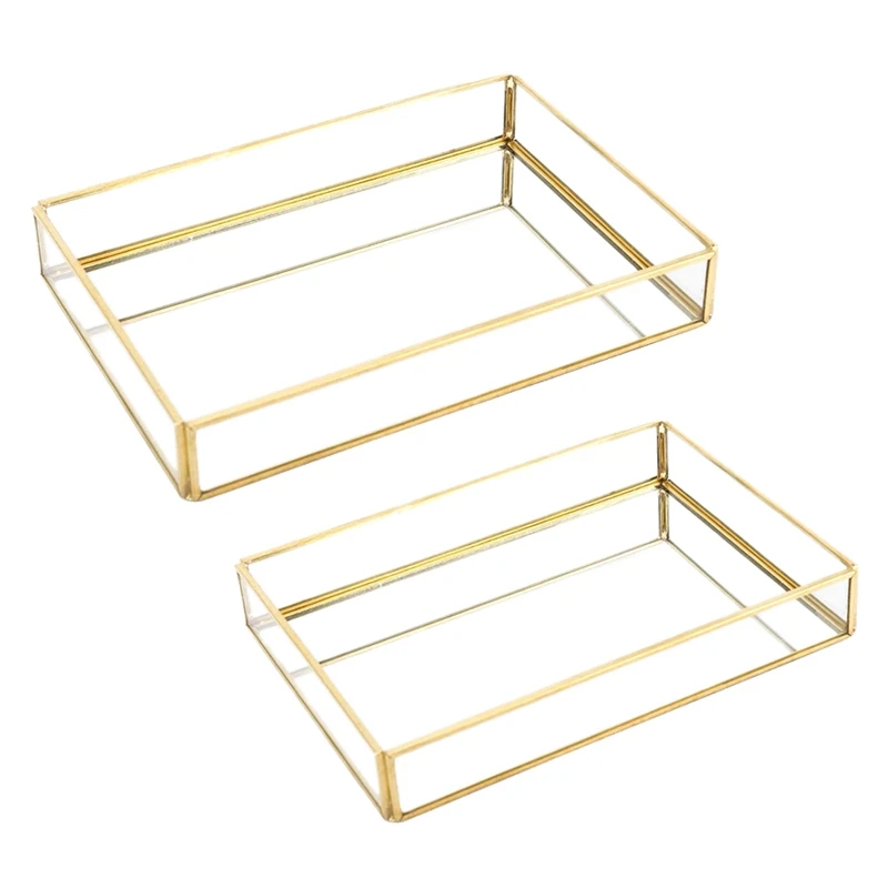 

2Pcs Nordic Retro Storage Tray Gold Rectangle Glass Makeup Organizer Tray Dessert Jewelry Display Home Kitchen Decor S&M