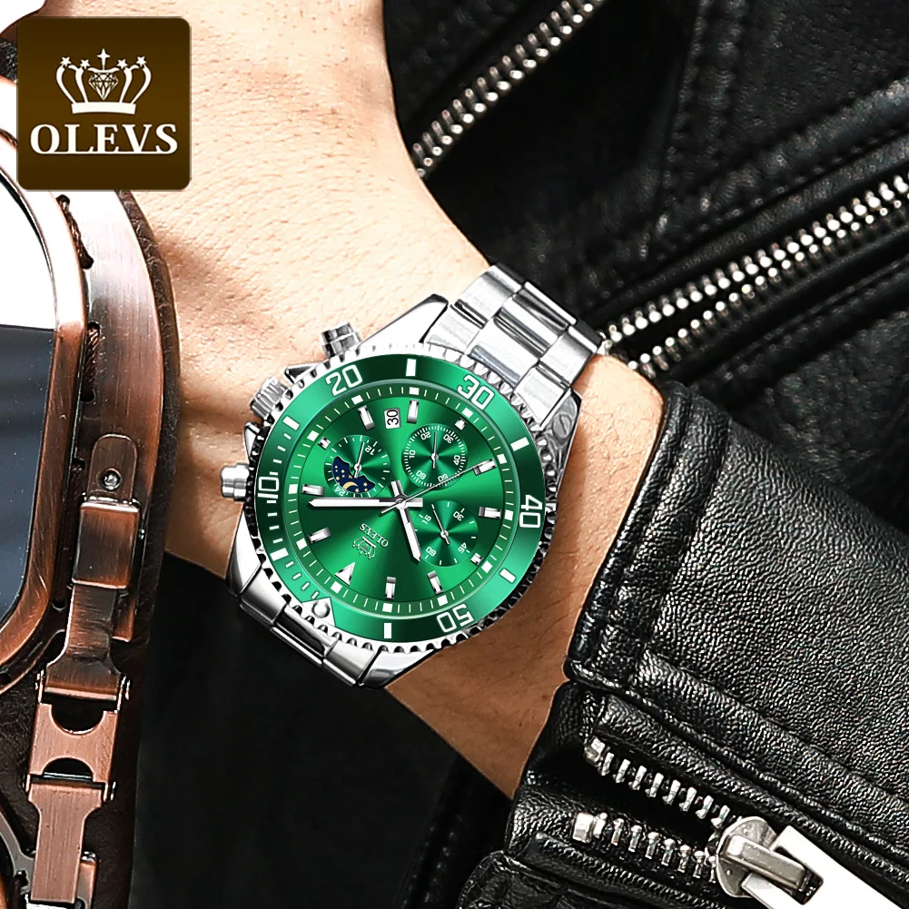 

OLEVS Mens Watches Green Water Ghost Quartz Chronograph Multifunzione Top Brand Luxury Gold Waterproof Watch for Men Masculino