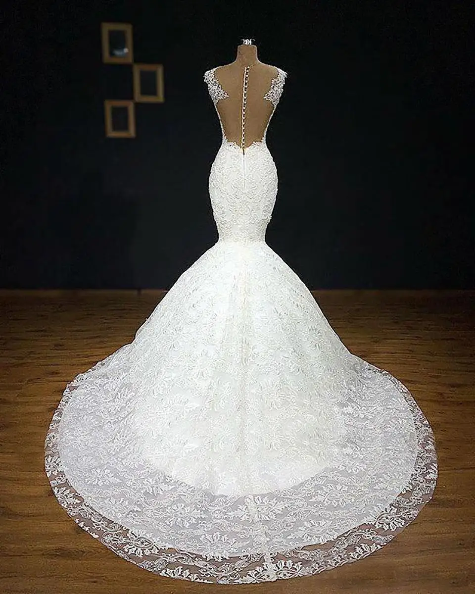 Винтажное кружевное свадебное платье русалки на заказ без рукавов с кружевной