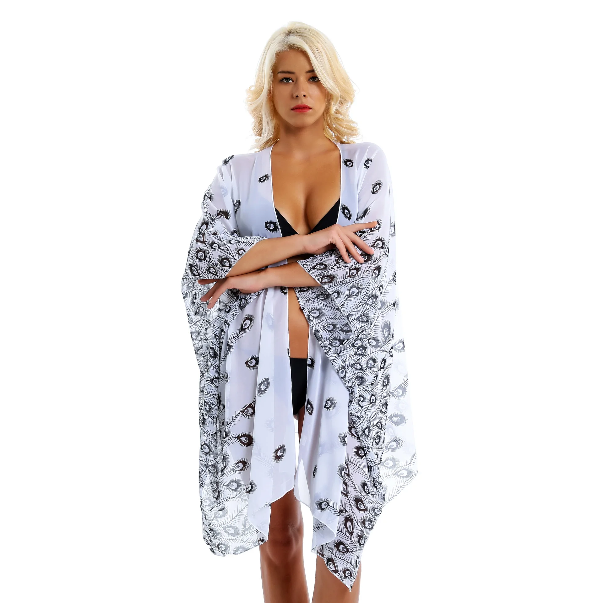 Новый Евро-американский чистый перо узор Путешествия Пляж Бикини 100 шифон блузки