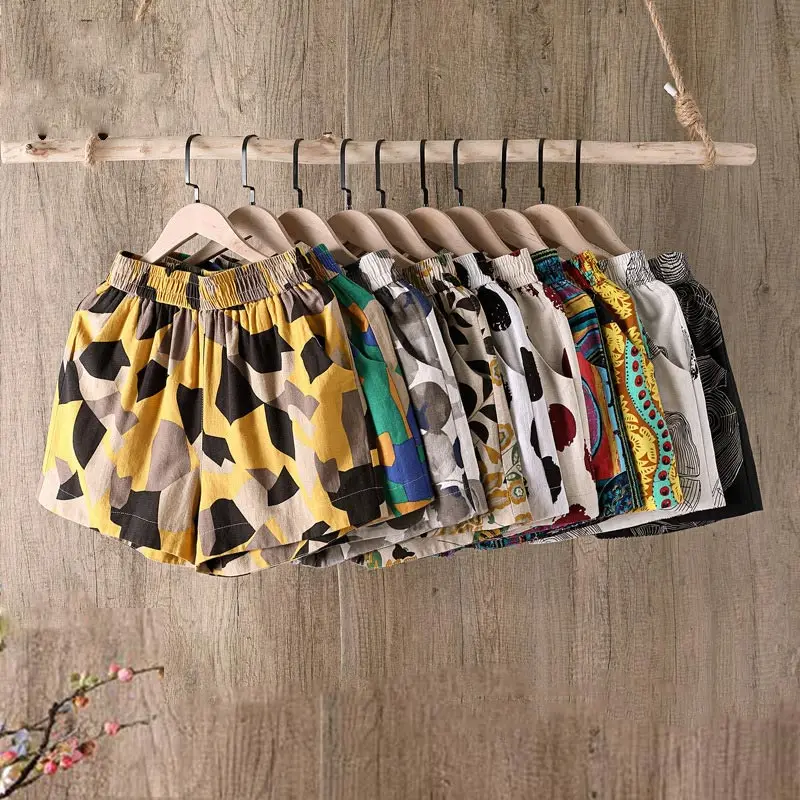 Женские шорты из хлопка и льна с цветочным принтом Feminino Большие размеры