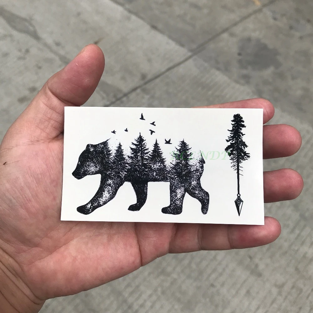 Водостойкая временная татуировка Сибирский лес медведь дерево птица лиса Сова