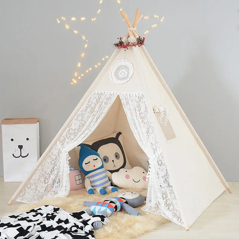 lace teepee Большой небеленый холст вигвам дети вигвам с серыми помпонами индийская Игровая палатка дом Дети типи тройник Пи палатка без коврика - Цвет: lace teepee