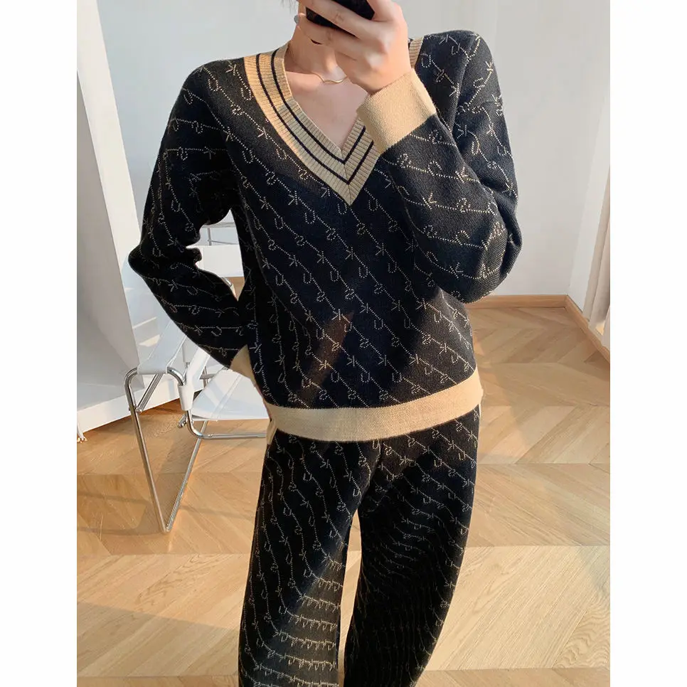 

Leisure fashion knitting suit women's spring new small fragrance temperament age reducing sports wide leg pants two piece set