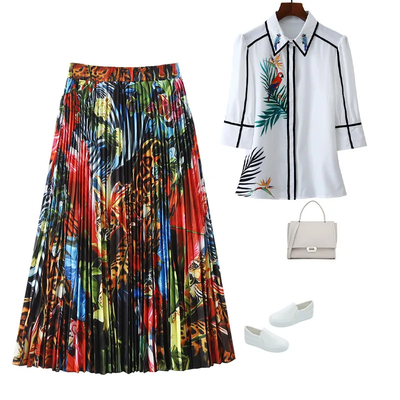 

2021 New Spring Runway Fashion Elasitc Waist Vintage Print Animal Midi Pleated Skirts Womens Clothing Elegant Lady