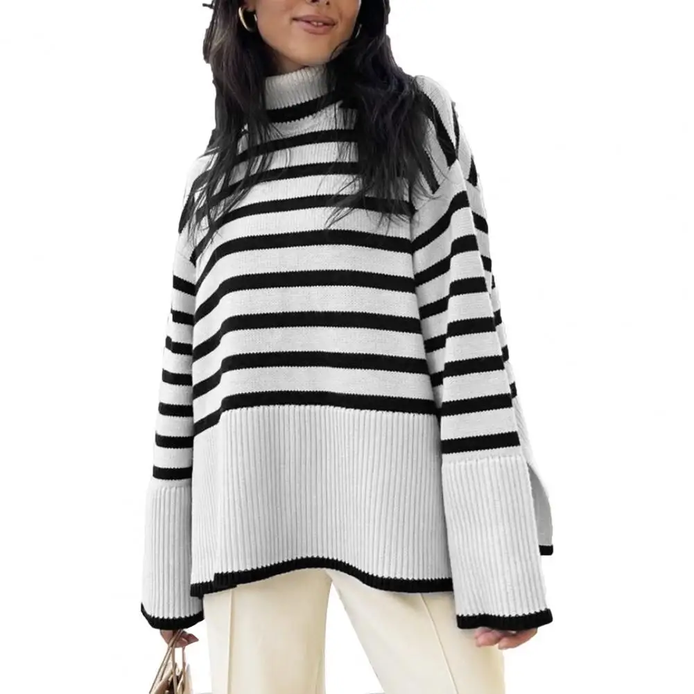 

Свитер Топ с длинным рукавом Зимний свитер полосатый лоскутный трикотажный топ с разрезом на подоле