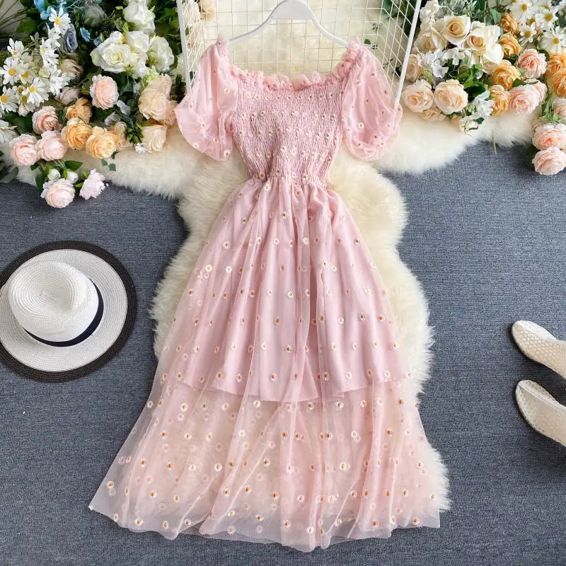 Summer women's dress small daisy collar super fairy sweet net yarn gentle wind beach wind long skirt