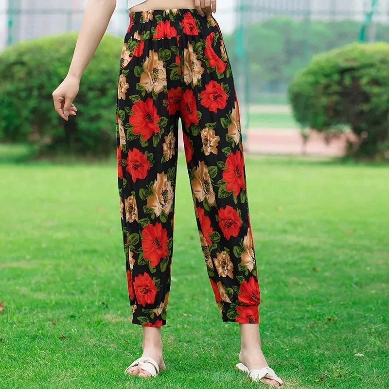 

Fashion Print Floral pants women Summer loose large size pantalettes Bohemia Ice silk high waist trousers female