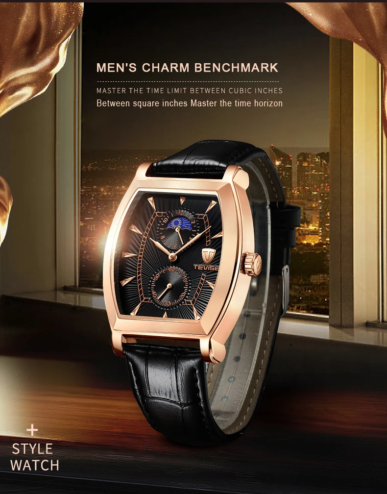 TEVISE 8383S мужские часы Moon Phase настоящие водонепроницаемые кварцевые часы с кожаным ремешком Мужские повседневные наручные часы Relogio Masculino