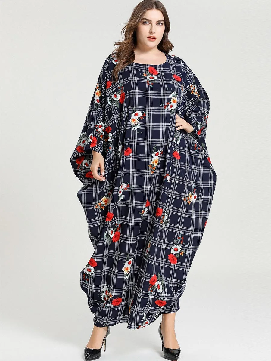 

Kalenmos Muslim Kaftan Abaya Dress Plaid Ramadan Islamic Women Bat Sleeve Floral Loose Hijab Dresses Caftan Dubai Arab Long Robe