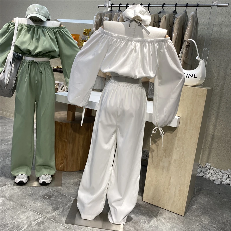 

Sweet Elegant Long Sleeve Short Loose Shirt Women Drawstring Waist Loose Casual Wide Leg Trousers Lady Two Pieces Pants Set