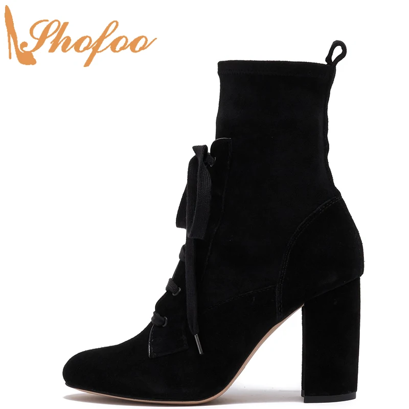 

Женские ботильоны на высоком массивном каблуке, черные ботинки с миндальным носком, на молнии, большие размеры 12, 15