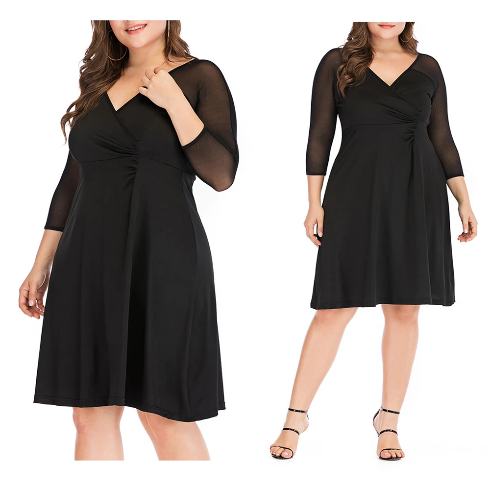 Женское однотонное классическое платье черное газовое лоскутное с 3/4 рукавами и