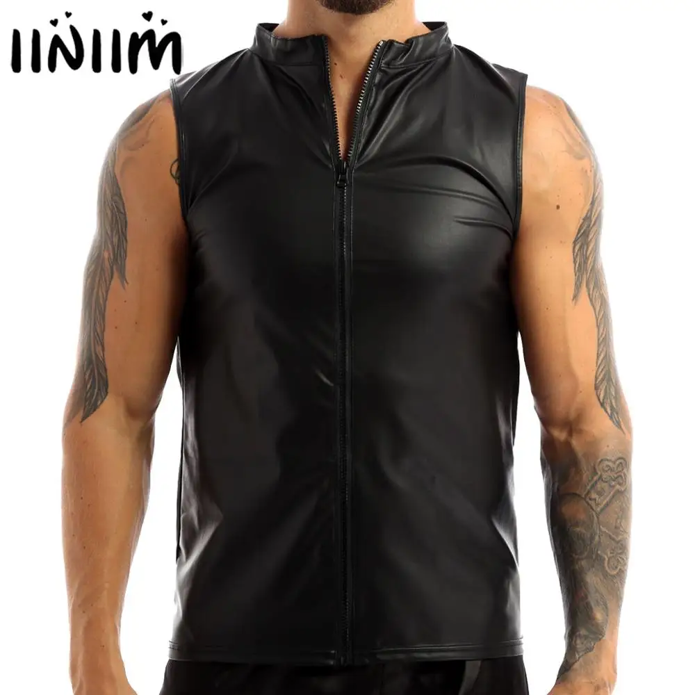 

Mens Fashion Club Tops Costumes Faux Leather Front Zippered Undershirt Black Tank Top Vest Moto Punk Clubwear for Pole Dancing