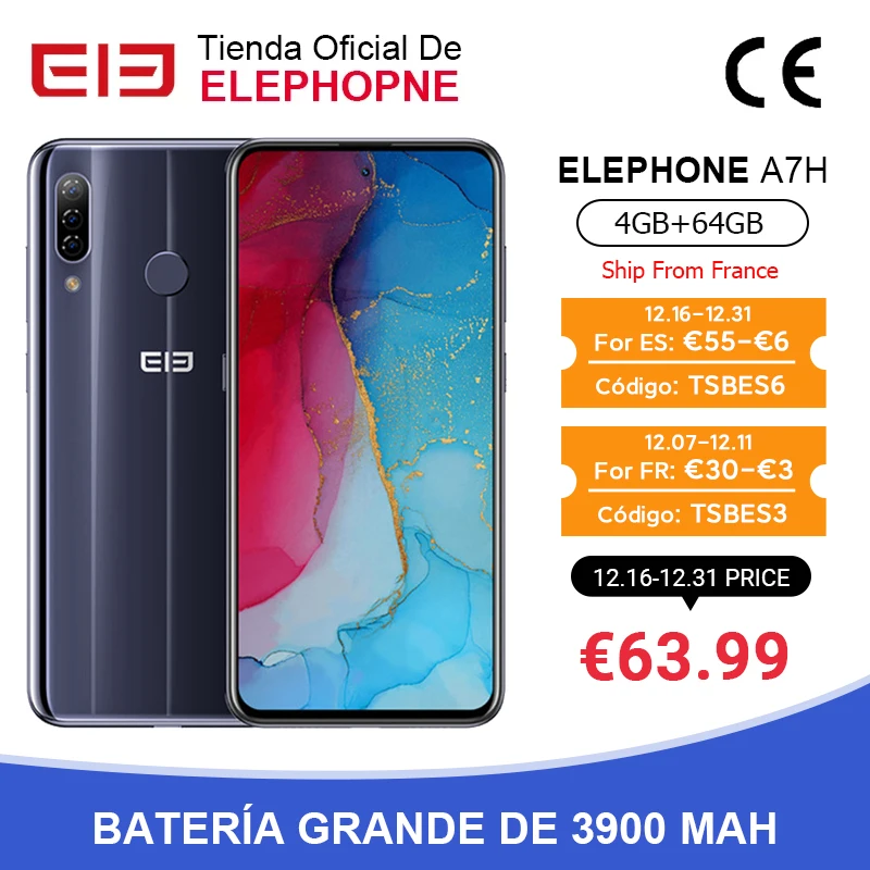 Смартфон в наличии ELEPHONE A7H Helio P23 4 + 64 ГБ 6 дюйма 8 ядер Android 9 0 3900 мА · ч быстрая