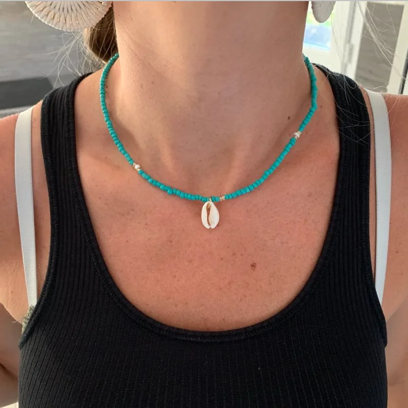 Ожерелье с подвеской в виде ракушек стразы белого и зеленого цвета богемном