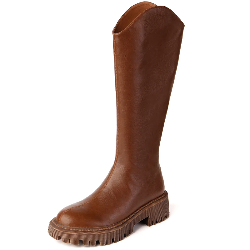 

Сапоги до колена на толстой подошве, из натуральной кожи, с круглым носком