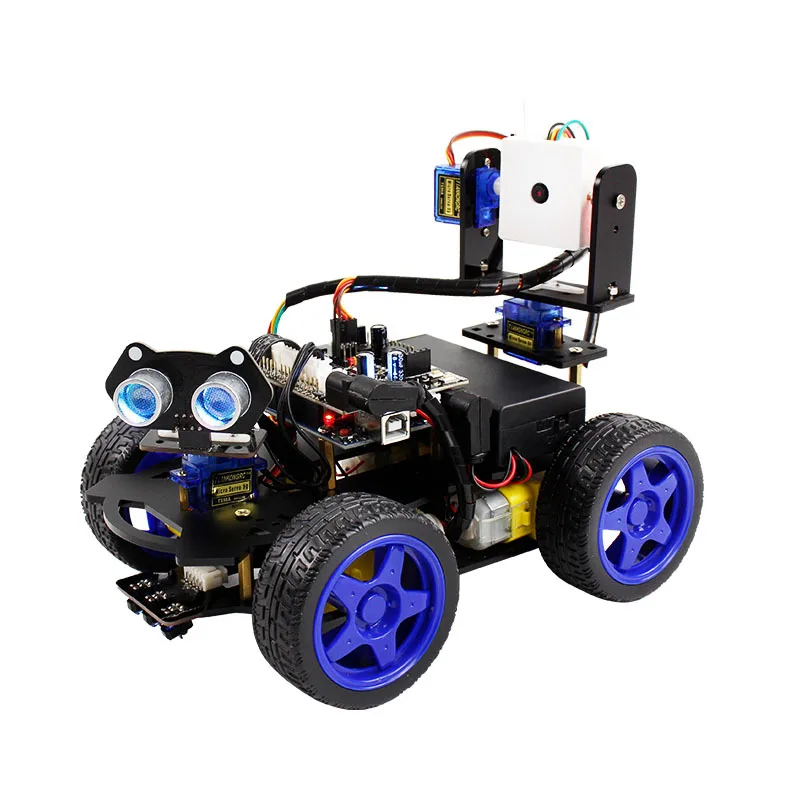 

Умный автомобильный комплект, совместимый с Arduino, четырехколесный привод, камера, видео, дистанционное управление, робот программирования царапин
