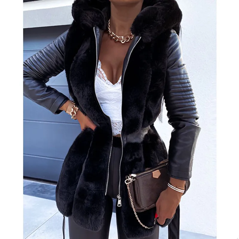 Женская кожаная куртка на молнии теплая Толстая с поясом и воротником из