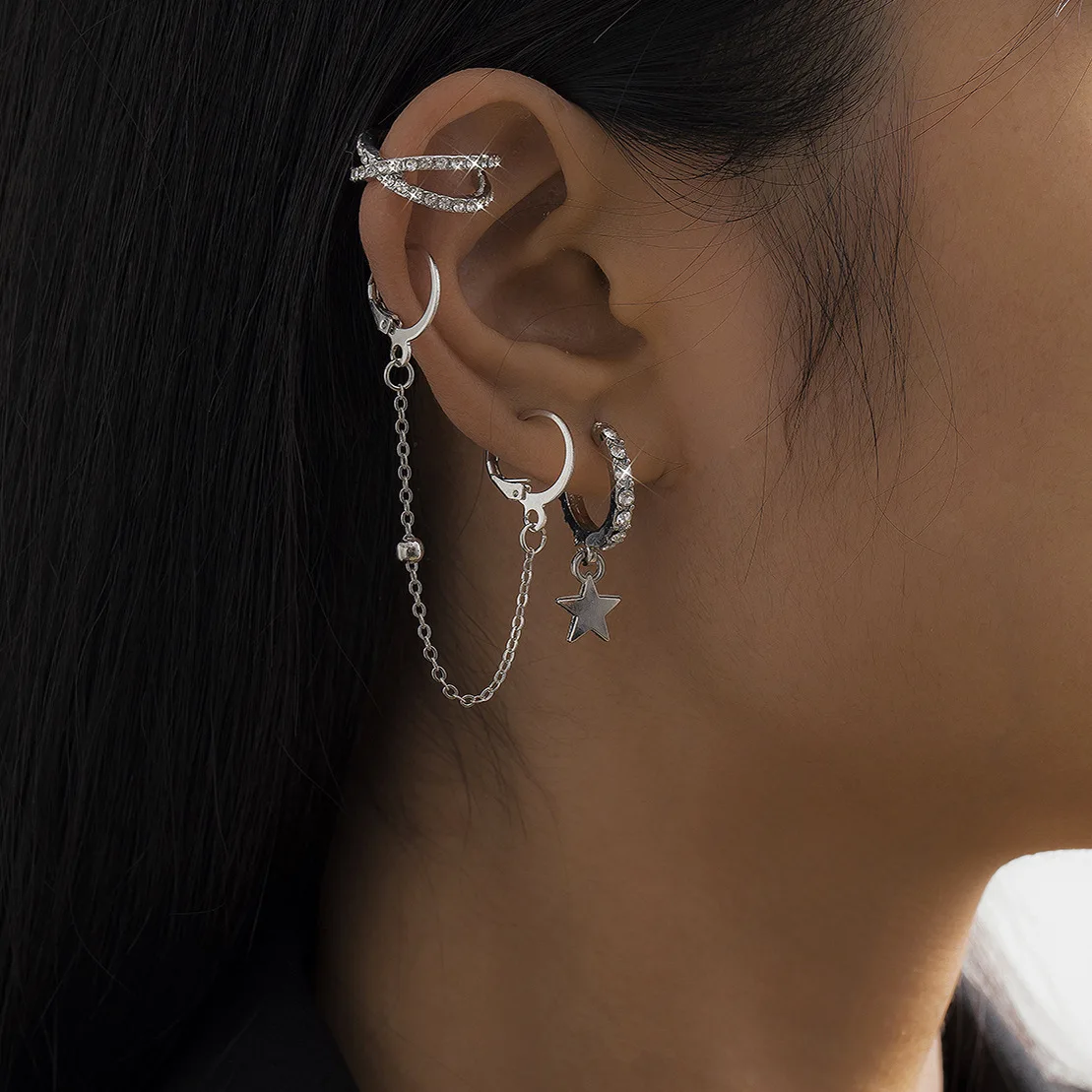 

3pcs/set Simple Fashion Crystal Circles Ladies Earrings Fashion Punk Tassel Chain Dangle Earrings for women jewelry accessory
