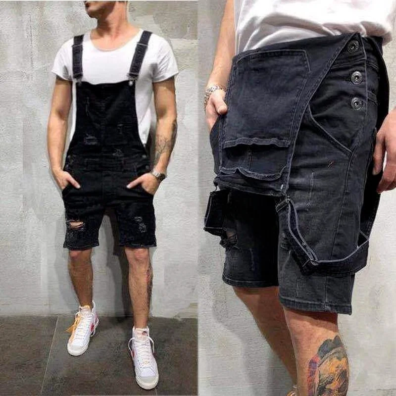 

New Denim Suspenders Jeans Men Holes Slim Men's Work Pants Summer Shorts Jeans Men Overalls Solid Color Mens Jeans