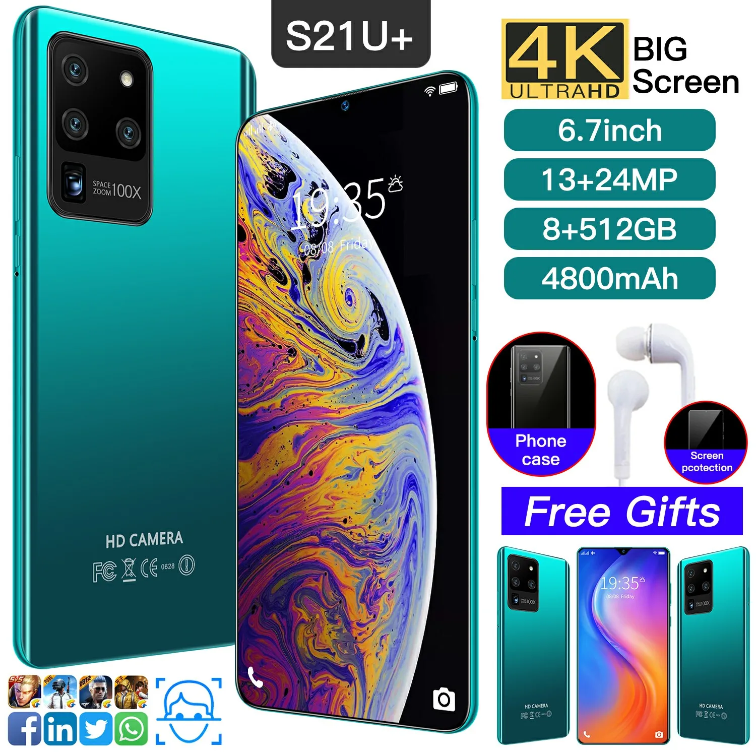 

Global Version S21U+ 4G/5G 8GB RAM 512GB ROM Dual Sim Unlocked Mobile Phones 13+24mp Cell Phone Celular Android Smartphone