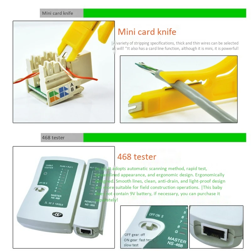 Network Cable Tester Tool Lan Tester RJ45 Crimping Pliers Portable LAN Network Repair Tool Kit Crimper Clamp