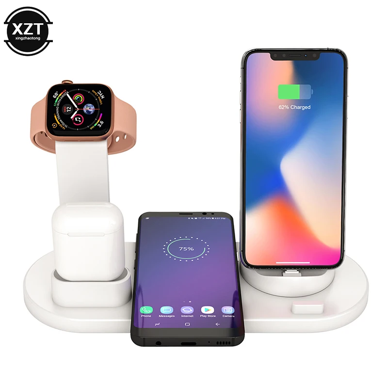 Беспроводная зарядная док станция для iPhone XS MAX XR 8 быстрая зарядка Samsung 4 в 1 Airpods 2019