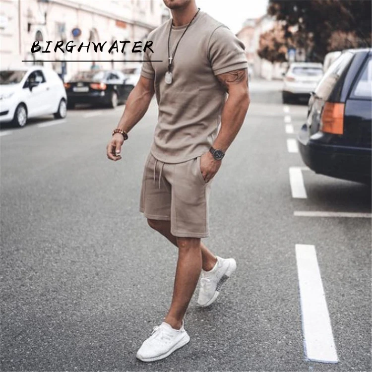 

Мужской спортивный костюм из футболки с коротким рукавом и шортов, однотонный комплект из 2 предметов, лето 2020