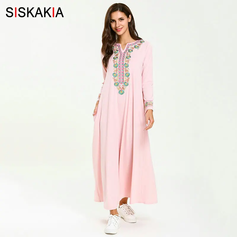 Pink dress 2 Siskakia, Цветочная вышивка, этническое длинное платье, элегантное, длинный рукав, макси платья размера плюс, повседневная женская одежда, осень, новое красное - Цвет: Pink dress 2
