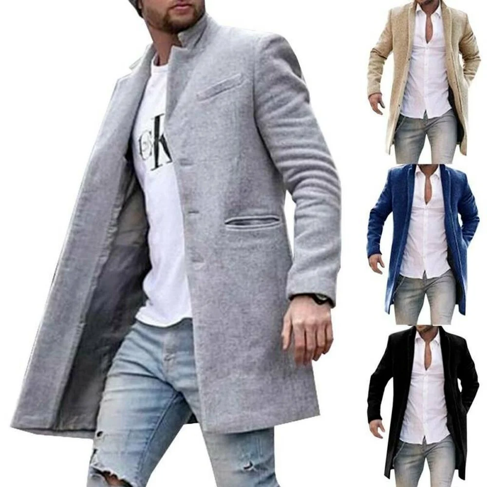 

Men Long Sleeve Lapel Trench Coat Overcoat Button Up Jacket Casual Warm Outwear