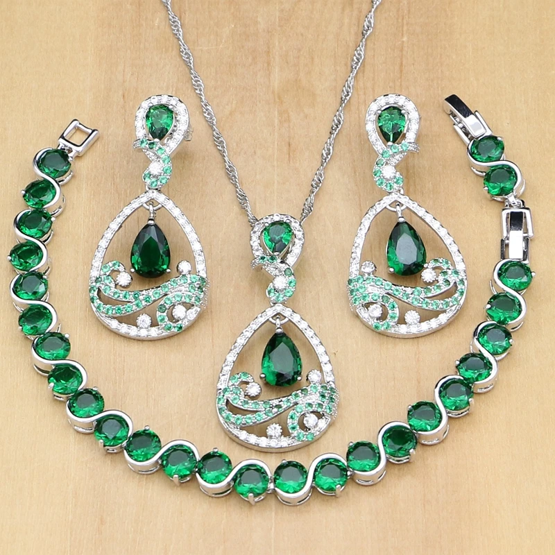 

Natural Green Zircon White Stone 925 Silver Jewelry Sets Decoration Earrings For Women Pendant/Rings/Bracelet/Necklace Set