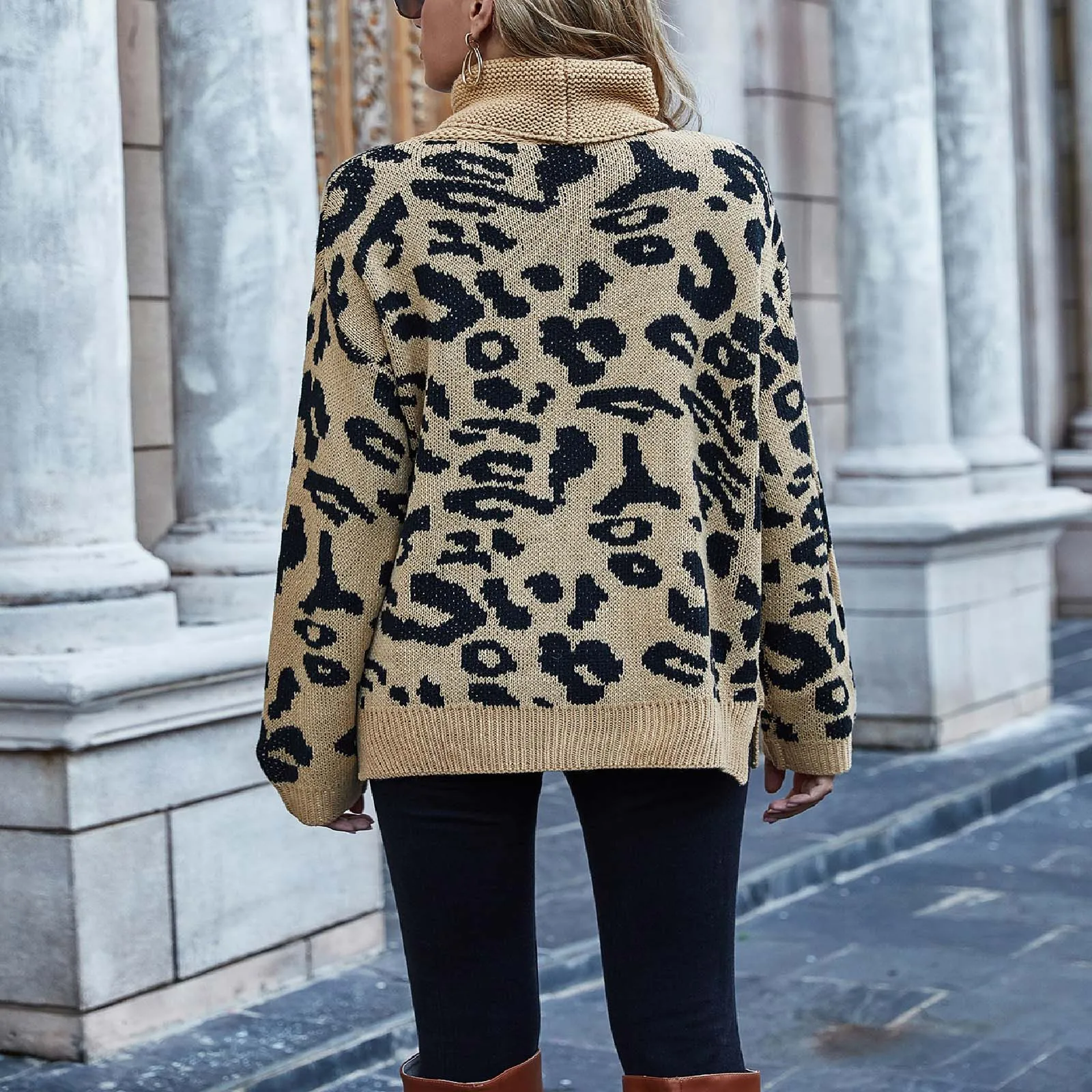 

Autumn and Winter Warm Soft Women Leopard Print Turtleneck Knitted SweaterFashion Casual Long Sleeves Loose Pullover Tops